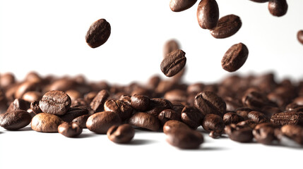 Obraz premium Roasted coffee beans falling gracefully onto a bed of similarly roasted beans, a rich brown hue against a plain white background