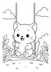 Coloring book kitten enjoys a gentle swing among flowers under a cloudy sky.