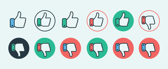 Thumbs Up and Thumbs Down Icons Set in Various Colors
