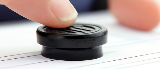 Macro shot of a finger pressing a black object on lined white paper surface
