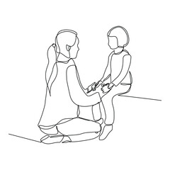 Continuous single line of young mother giving some wise advice talk to his child. Happy family parenting concept. Trendy sketch drawing editable stroke vector illustration	