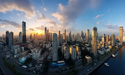 Stunning 360-Degree View of the Mumbai Skyline in 8K Resolution, Featuring Equirectangular Projection and HDRI Spherical Panorama