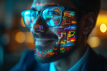 SWEET   stock market trader, with investment charts, graphs, tickers, and diagrams projected on his face and reflecting in his glasses, is sweet   financial analyst and digital businessman who engages