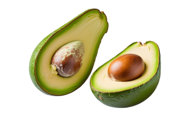 half avocado isolated on white or transparent png,Fresh Halved Avocado with Smooth Green Flesh and Brown Pit Isolated on White Background for Healthy Eating and Recipe Illustrations, High-Quality Imag