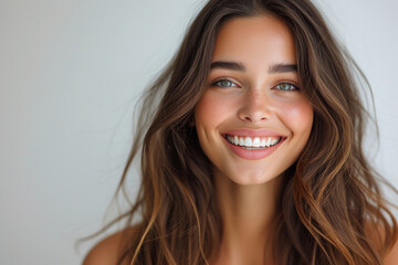 SWEET   stunning brunette model with sweet   radiant smile, luscious long hair, and flawless skin showcases charming perfect advertisement for dental and facial care on sweet   light background   