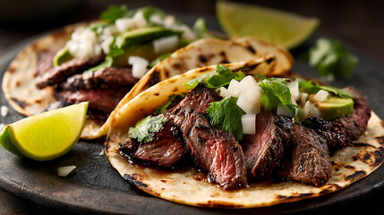 Grilled steak taco with fresh cilantro, diced onion, avocado slices, and lime wedge on toasted corn tortilla, showcasing delicious and vibrant Mexican meal