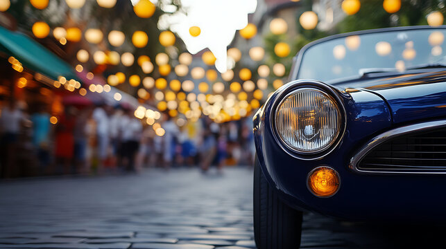 Vintage car headlight on cobblestone street with warm glowing paper lanterns hanging above, creating festive and nostalgic atmosphere in urban setting - Powered by Adobe