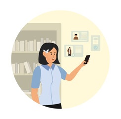 Smiling Woman Interacting With Digital Contacts on Mobile Phone in Library.