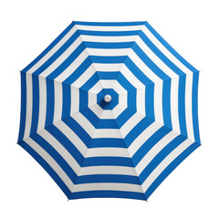 Striking blue and white striped umbrella open overhead, a classic symbol of sun protection and leisure.