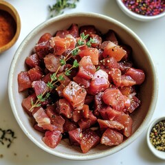 Diced meat in bowl with thyme on a white background