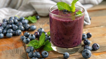 A refreshing blueberry smoothie in a glass with fresh mint leaves surrounded by wild blueberries on a wooden surface
