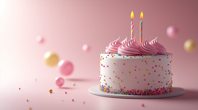 birthday cake with candles in a pink background