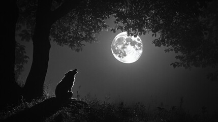 Obraz premium Silhouetted wolf gazing at a full moonlit night.