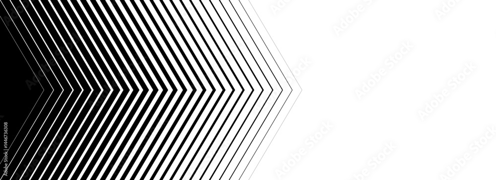 Poster Black linear arrow background. Repeated triangle gradation pattern backdrop. Vector fading striped halftone gradient texture. Thin to thick speed line concept for poster, print, cover, banner