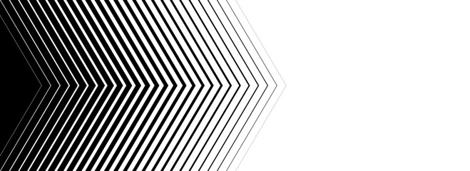 Black linear arrow background. Repeated triangle gradation pattern backdrop. Vector fading striped halftone gradient texture. Thin to thick speed line concept for poster, print, cover, banner