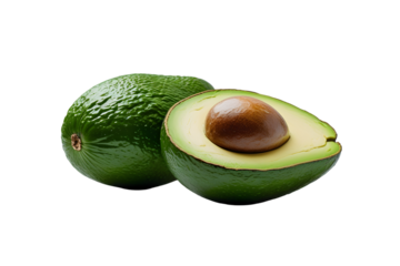 half avocado isolated on white or transparent png,Fresh Halved Avocado with Smooth Green Flesh and Brown Pit Isolated on White Background for Healthy Eating and Recipe Illustrations, High-Quality Imag
