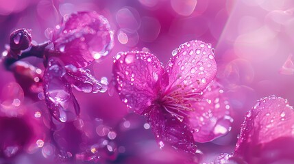 Vibrant blossoms in soft focus, glistening with dew drops.