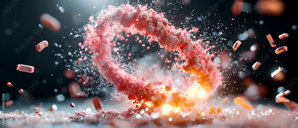 Poster an abstract rendering of a fiery ring exploding into particles with a dark background. suitable for 
