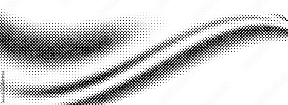 Poster Black halftone dot wave pattern. Abstract grain fluid texture. Dotted grit curve wallpaper. Undulate swoosh overlay for poster, booklet, banner, brochure, flyer, leaflet. Vector rasterized background
