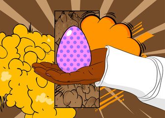 Cartoon, comic book human hands holding Easter Egg. Retro vector comics pop art design.