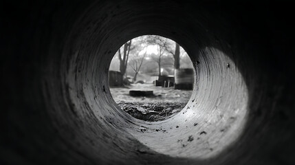 Black and white photo taken from inside large pipe looking out to outdoor scene with trees and scattered objects, creating tunnel vision effect with natural light