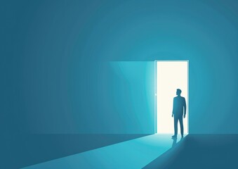 A businessman stands at an open door, embodying the surreal blend of opportunity and freedom in a vibrant world.