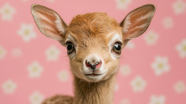 Close-up portrait of a curious dik-dik against a soft pink floral backdrop brings a whimsical touch to wildlife imagery offering heartwarming connection