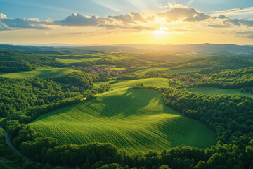 Fototapeta premium aerial view of stunning rural landscapes in europe showcasing fields forests and villages.