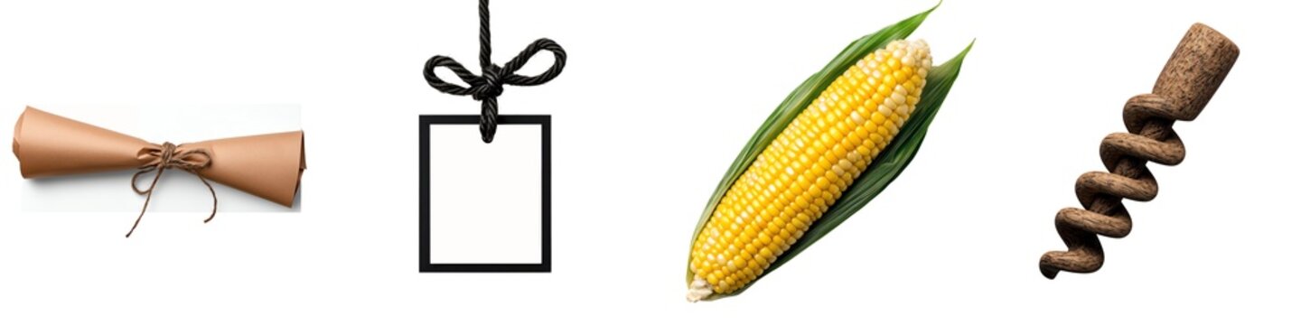 Various tied items including corn and a blank tag. isolated against a transparent background.