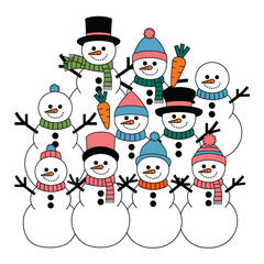 Happy Snowman Family Group Winter Holiday Illustration