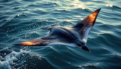 Obraz premium A graceful manta ray soaring through the water with glowing fins.