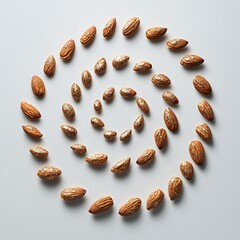 Fototapeta premium almonds arranged in a spiral luxury pattern, dusted with edible gold shimmer, soft backlight and rich depth tones, highly realistic texture, isolated plain background 
