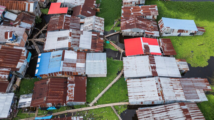 Houses on the water, flooding in the Peruvian Amazon, in the city of Iquitos, where the Nanay River...