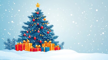 Obraz premium A beautifully decorated Christmas tree with colorful ornaments and gifts in a snowy landscape