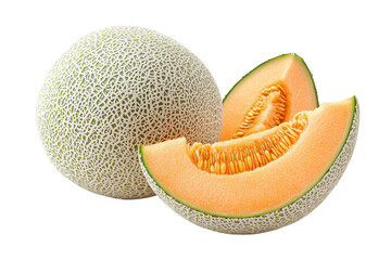Close-up view of a whole and sliced cantaloupe, showcasing its natural color and texture against a plain background.  A healthy and refreshing summer fruit.