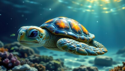 Fototapeta premium A cheerful sea turtle with glowing spots, floating peacefully.