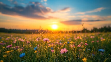 Naklejka premium Idyllic Meadow at Golden Hour: A Serene Symphony of Color and Light