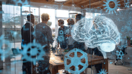 People group collaborating with brain image overlaid