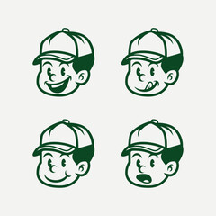 Set of expressive cartoon boy faces in vintage style, wearing a cap. Includes angry and sad emotions. Perfect for mascots, stickers, branding, icons, and emotional character design