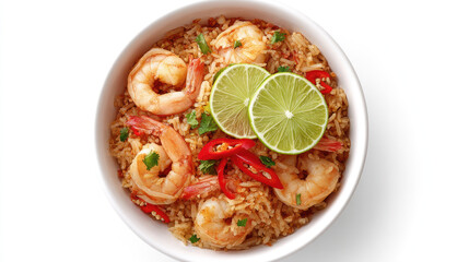 Aromatic shrimp and rice dish, garnished with lime and chili