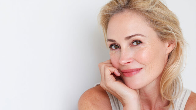 Smiling woman with healthy, glowing skin.  A portrait of a mature woman with a pleasant expression and a light complexion