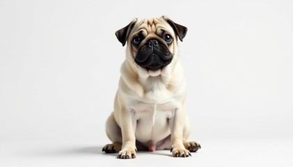 Obraz premium Adorable pug dog sits alone on white background, charming, puppy, happy