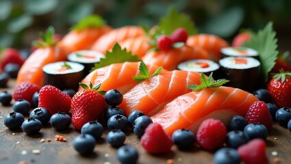Sushi and rolls on a background of berries