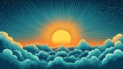 explosive comic book style illustration with central white speech cloud, bright orange sunburst and blue sky with stars superhero action scene, retro pop art background for message