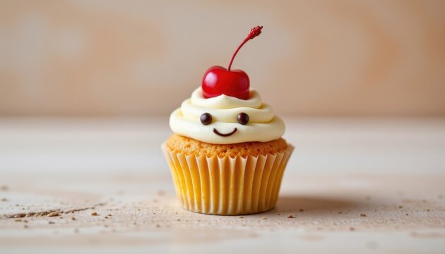 A tiny cupcake with minimal frosting and a smiling cherry on top.