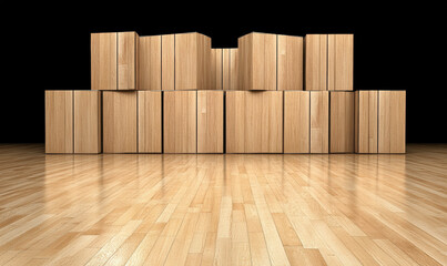 Stacked Wooden Boxes Arranged on a Gleaming Hardwood Floor with Dark Background Ideal for Conceptual Storage and Organization Imagery