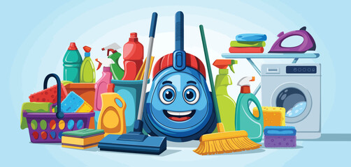 Happy Cleaning Supplies Cartoon Illustration