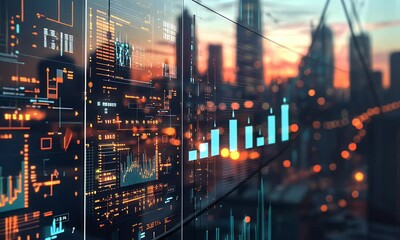 A stock market screen displaying real-time trading data and the city skyline in soft focus in the background, representing financial innovation. High-quality photo,  - Powered by Adobe