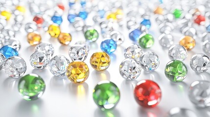 Colorful Crystal Gems Scattered on White Reflective Surface