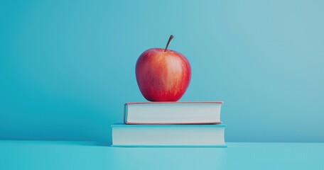 Books and pencils topped with an apple, set against a cool glacier blue background for educational promotions Text space on the right